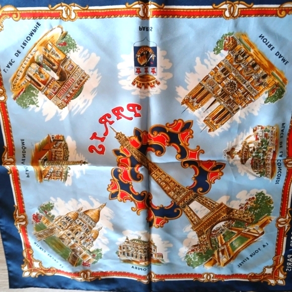 Paris Themed Silk Scarf Roger L. Paris Elegant Souvenir Paris Landmarks 20 x 20 - Picture 11 of 12